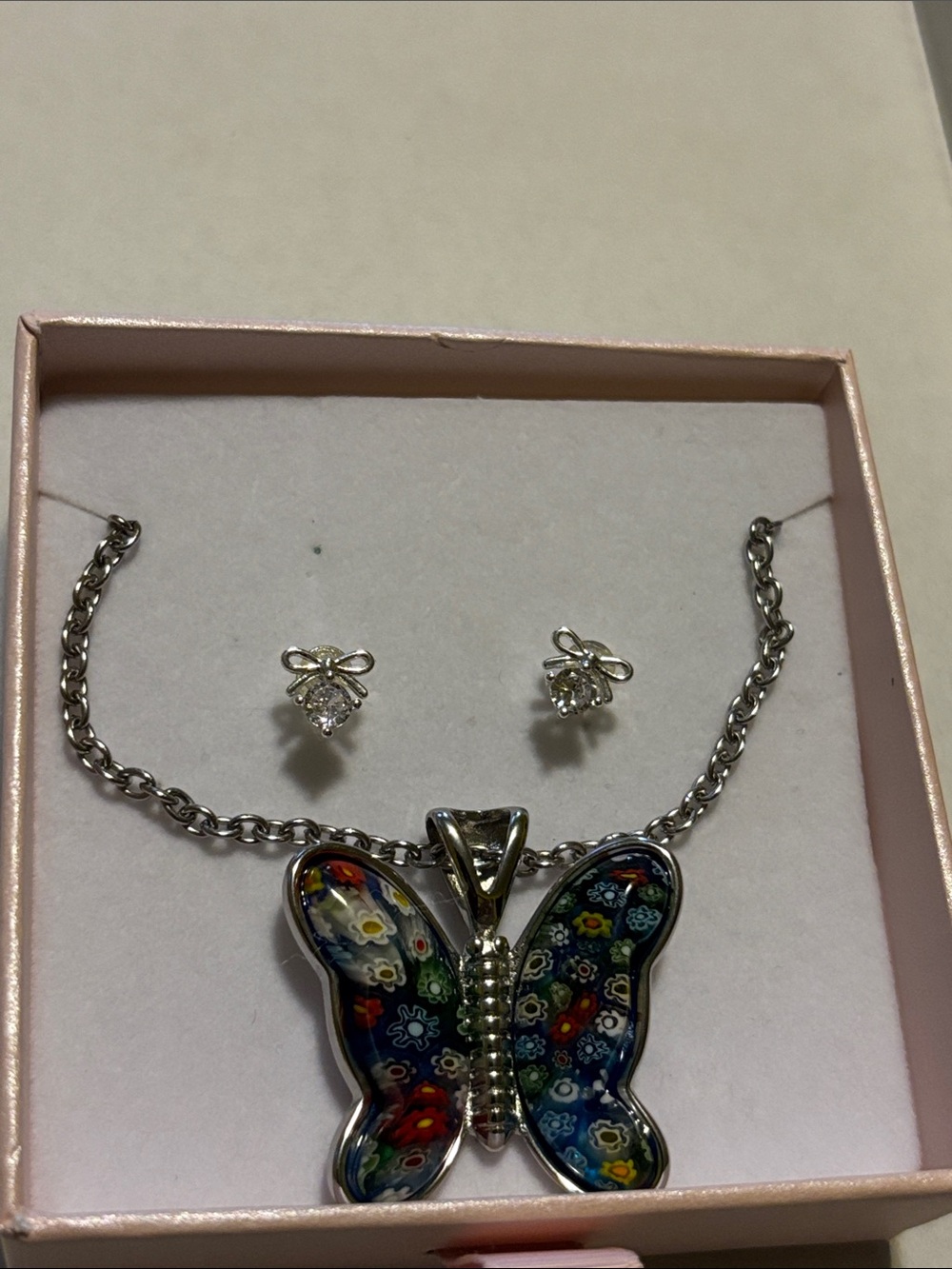 Silver Butterfly Pendant Necklace and Stud Earrings - Multicolor Enamel